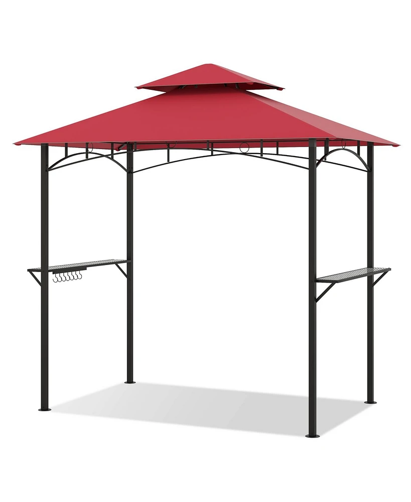 Outdoor Double-Tiered Grill Gazebo Canopy with 2 Shelves and 7 Hooks-Red