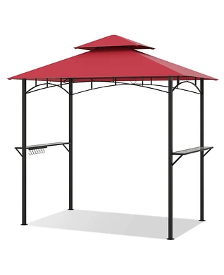 Outdoor Double-Tiered Grill Gazebo Canopy with 2 Shelves and 7 Hooks-Red
