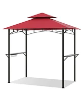 Outdoor Double-Tiered Grill Gazebo Canopy with 2 Shelves and 7 Hooks-Red