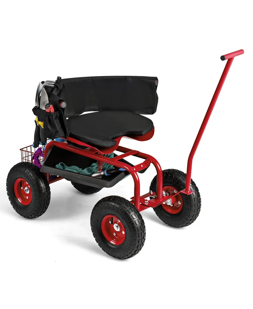 Rolling Garden Cart with Height Adjustable Swivel Seat and Storage Basket