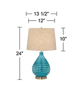 Kayley 24" High Small Mid Century Modern Coastal Table Lamps Set of 2 Blue Ceramic Linen Shade Living Room Bedroom Bedside Nightstand House Offic