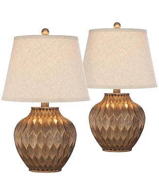 Buckhead Traditional Style Small Accent Table Lamps 22" High Set of 2 Warm Bronze Geometric Urn Tapered Drum Shade for Living Room Bedroom House