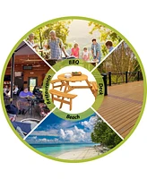 6-Person Natural Circular Wood Outdoor Picnic Table Seats 6 People with 3 Built-in Benches and Umbrella Hole