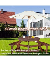 63 in. Brown Round Wood Picnic Table Seats 6 with Umbrella Hole