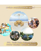 70 in. Natural Light Brown wood 8-Person Round Wooden Outdoor Picnic Table with 4 Built-in Benches and Umbrella Hole