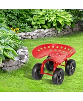 Garden Rolling Workseat with 360° Swivel Seat and Adjustable Height-Red