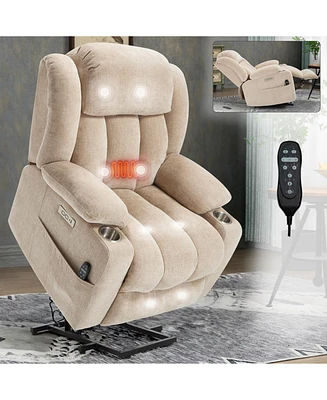 Chenille Power Lift Recliner, Massage & Heat, Usb, Cup Holders, Beige