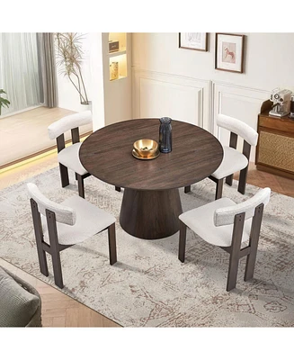 Round Brown Dining Set: Table & 4 Boucle Chairs