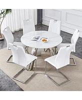 42" Round Sintered Stone Table & 6 White/Silver Chairs