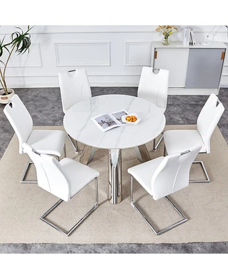 42" Round Sintered Stone Table & 6 White/Silver Chairs