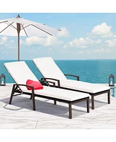 2 Pieces Patio Rattan Reclining Chaise Lounge Chair with Cushion and Armrest