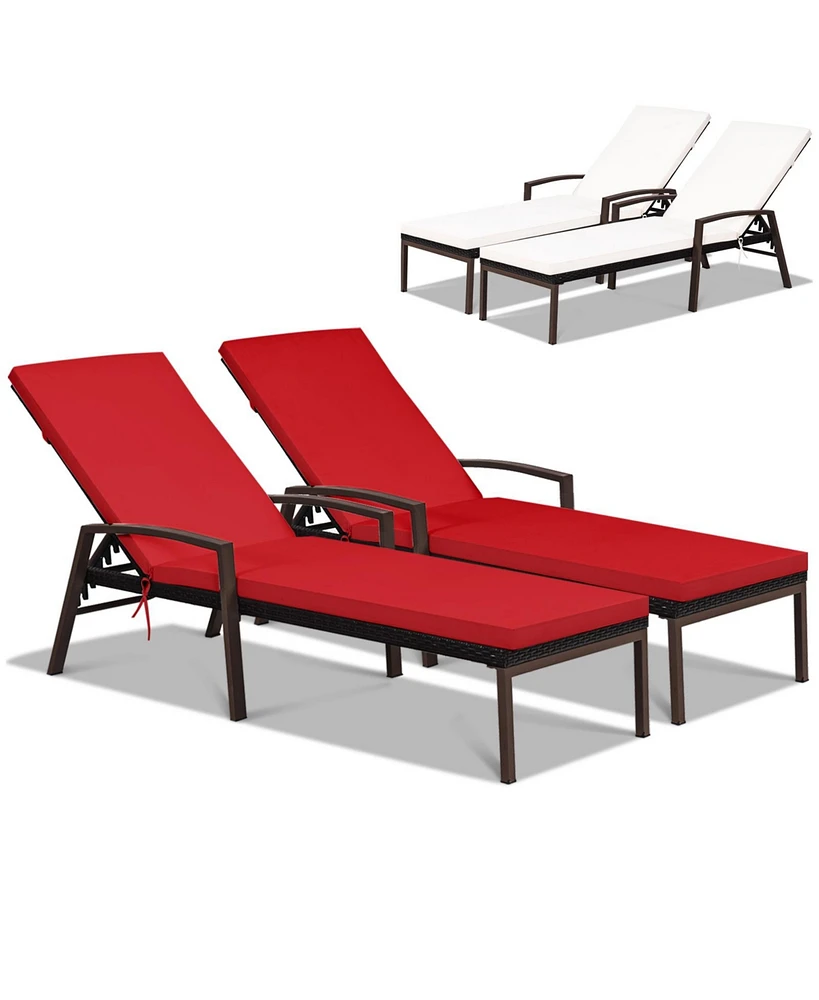 2 Pieces Patio Rattan Reclining Chaise Lounge Chair with Cushion and Armrest