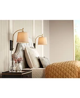Chester Modern Swing Arm Wall Lamp Antique Brass Black Metal Plug-In Light Fixture Dimmable Tan Drum Shade for Bedroom Bedside House Reading Living Ro