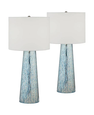 Marcus Modern Coastal Table Lamps 30" Tall Set of 2 Hand-Applied Mercury Glass Tapered Column White Drum Shade for Living Room Bedroom House Beds