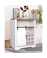 Barn Door Cabinet, Wine Shelf, Rustic Oak/White