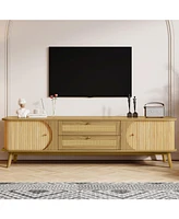Rattan Tv Stand for Tvs up to 75'', Modern Farmhouse Media Console, Entertainment Center with Solid Wood Legs, TV Cabinet for Living Room,Home Theatre