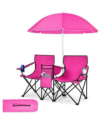 Portable Folding Picnic Double Chair With Removable Umbrella