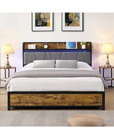 Queen Bed Frame with Storage, Charging Station, Led Lights, and Drawers