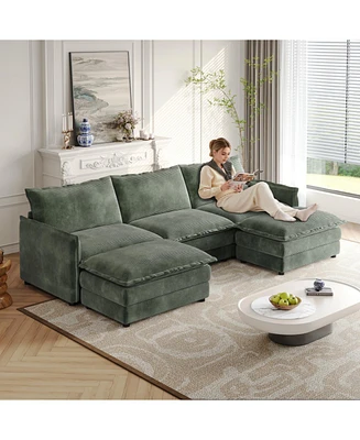 Corduroy 3-Seater Cloud Couch with Footrests & Cushions