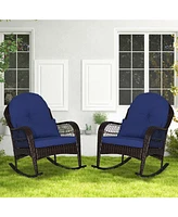 Patio Rattan Rocking Chair with Seat Back Cushions and Waist Pillow-Navy