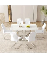 Modern Glass Dining Set: Marble Top Table & 6 White Pu Chairs