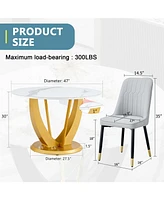 Snow Mountain White Round Dining Set - 47" w/ 4 Gray Chairs