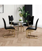 Glass Dining Set: Round Table, Gold Legs, 4 Black Chairs