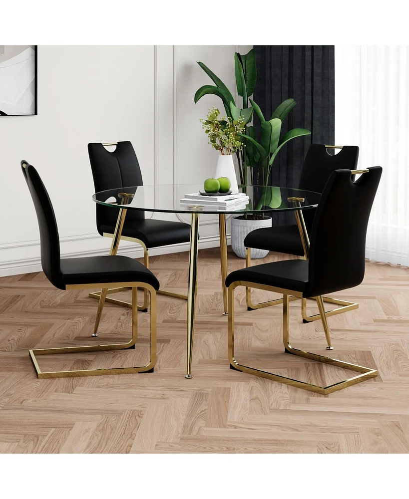 Glass Dining Set: Round Table, Gold Legs, 4 Black Chairs