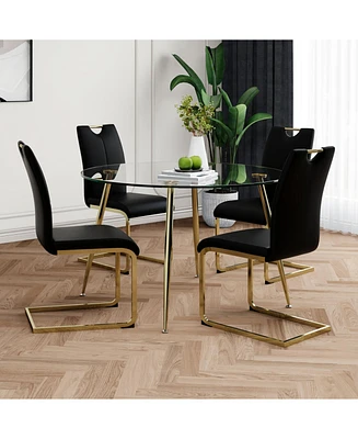 Glass Dining Set: Round Table, Gold Legs, 4 Black Chairs