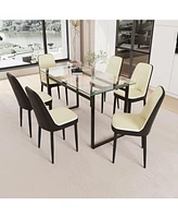 51" Glass Dining Table Set, Black Metal Legs & Pu Chairs