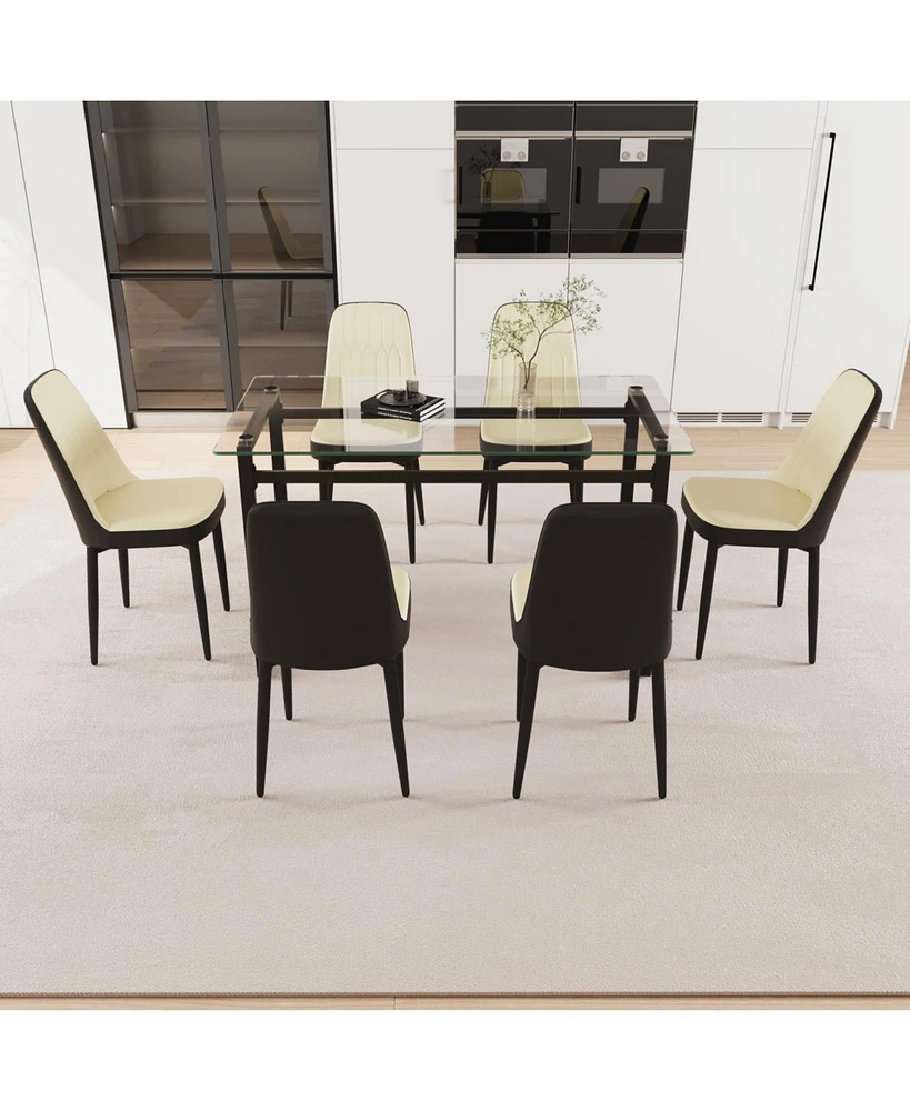 51" Glass Dining Table Set, Black Metal Legs & Pu Chairs