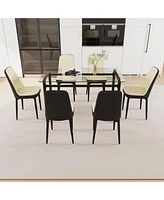 51" Glass Dining Table Set, Black Metal Legs & Pu Chairs
