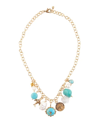 Barse Blue Turquoise and White Cultivated Pearl Multi Charm Necklace