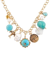 Barse Blue Turquoise and White Cultivated Pearl Multi Charm Necklace