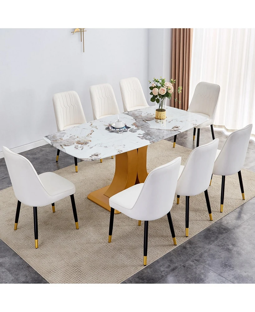 71" Pandora Glass Dining Set: Table & 8 White Pu Chairs