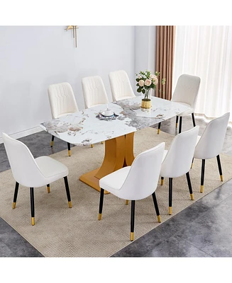 71" Pandora Glass Dining Set: Table & 8 White Pu Chairs