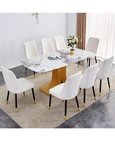 71" Pandora Glass Dining Set: Table & 8 White Pu Chairs