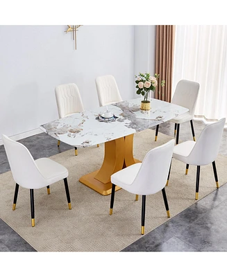 Pandora Glass Dining Set: Table & 6 White Pu Chairs