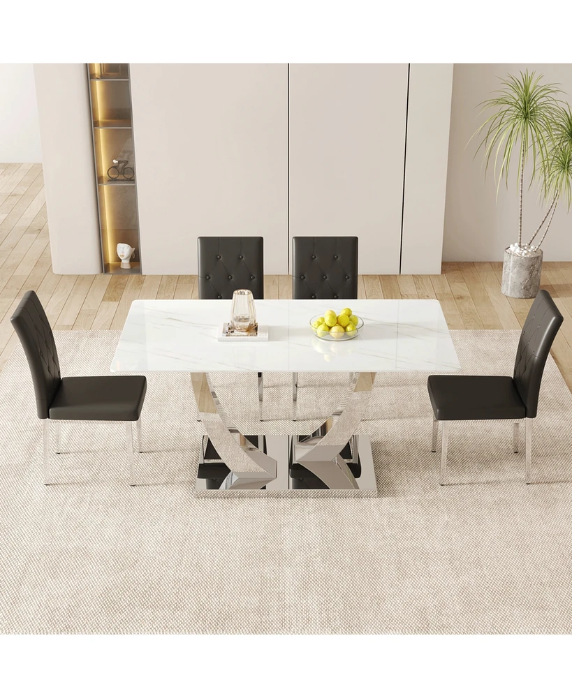 Modern Glass Dining Table Set with 4 Black Chairs