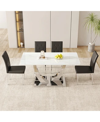 Modern Glass Dining Table Set with 4 Black Chairs
