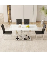 Modern Glass Dining Table Set with 4 Black Chairs