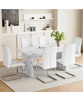 White Marble Dining Set - 6 Pu Chairs, Silver Legs