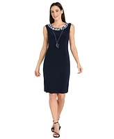 R & M Richards Women's Geo Printed Crinkle Jacket and Necklace Dress Set