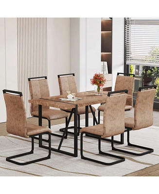 Retro Wood Table & 6 Brown Tech Fabric Chairs
