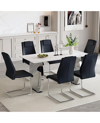 Snow Mountain White Sintered Stone Dining Set - 6 Black Pu Chairs