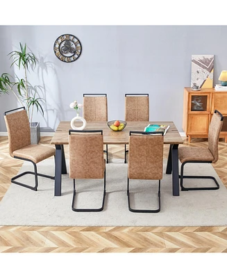 63" Wood Table & 6 Brown Fabric Chairs