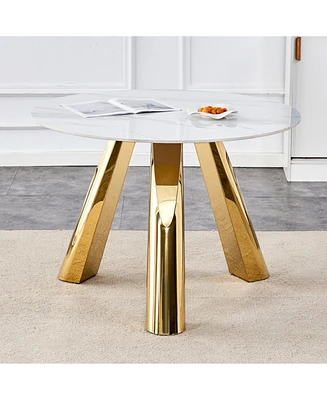 42" White Marble Round Table Gold Legs