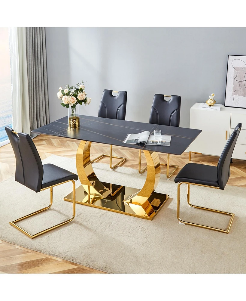 Sintered Stone Dining Set: 63" Table & 4 /Gold Chairs