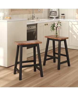 Farmhouse Rustic 2-piece Counter Height Wood Kitchen Dining Stools for Small Places, Walnut+Black