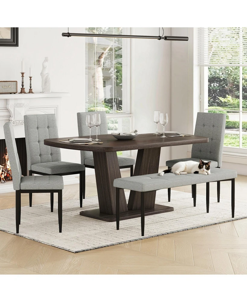 V-Leg Faux Marble Dining Set for 6 with 4 Chairs & Bench